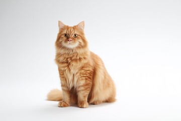 Obraz premium Orange Highland Fold cat sitting on a white background with a focused look during a studio session in the afternoon