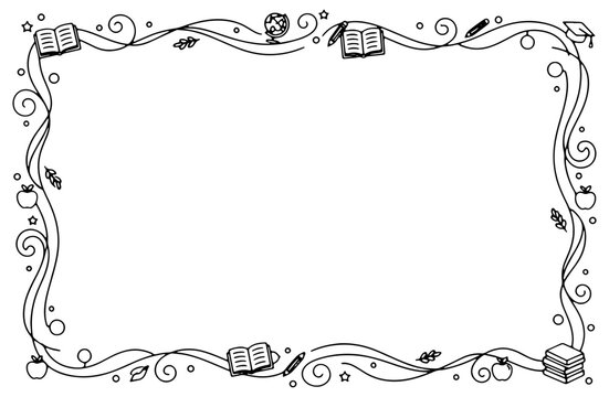 A charming black and white hand-drawn frame featuring educational doodles like books, pencils, globes, and graduation caps. Perfect for school announcements or certificate designs.
