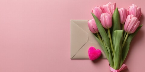 Fototapeta premium Pink tulips bouquet, beige envelope and fuzzy heart on soft pink background with large vertical copyspace, concept for women's holiday presentation, romantic advertising and spring event promotion