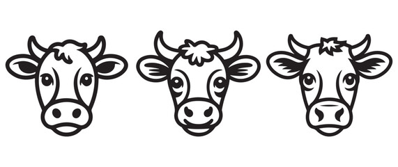 Obraz premium Three stylized cow heads in black and white, graphic illustrations with horns and gentle expressions, ideal for dairy, agriculture, or farm branding.