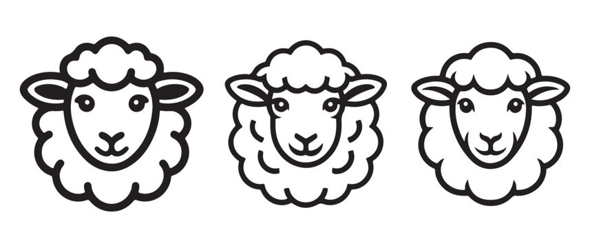 Three charming black and white cartoon sheep heads, simple outline icons with fluffy wool texture, perfect for farms, organic products, or gentle concepts.