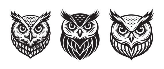 Obraz premium Set of three detailed owl heads in a woodcut style, black and white illustrations with intricate patterns, conveying wisdom, mystery, and nocturnal nature.