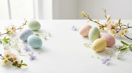 photography of Easter eggs combined with subtle spring flowers, pastel-colored chocolate eggs placed on a clean white background