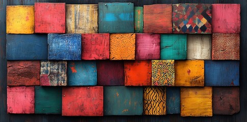 Colorful mosaic of weathered wooden squares with diverse textures and patterns image