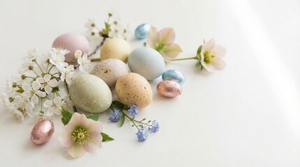 Easter Eggs and Spring Flowers Minimal Composition