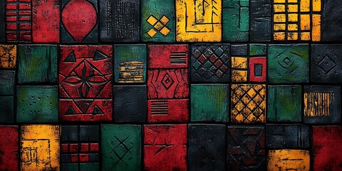 Colorful textured tiles with abstract geometric patterns and symbols Keywords: tiles, texture, pattern