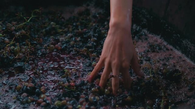 Hand Raking Crushed Grapes In Vat, Wet Pulp And Stems, Stained Fingers Exploring Clusters, Sensory Maceration, Cool Shadowed