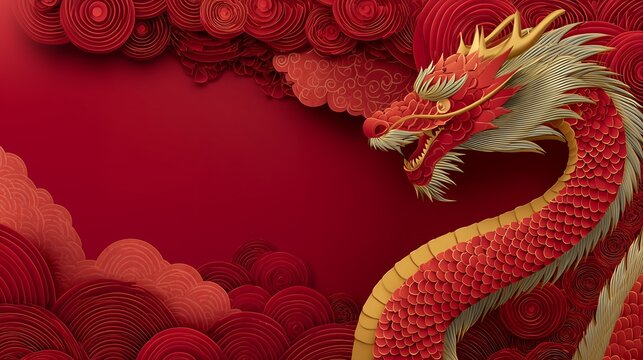 Vibrant 3D paper craft red and gold Chinese Dragon art on a textured background with copyspace, concept for Lunar New Year greeting, festival advertisement and cultural design