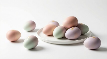 still life photography of modern Easter eggs with smooth textures and pastel gradients, luxury chocolate finish, arranged with negative space on a white background