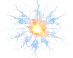 Abstract Electric Explosion with Blue Arcs and Orange Center on Transparent Background