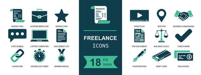 Freelance icon set. Containing invoice, briefcase, rating star, chat, laptop, document, link, timer, medal, play, location, handshake, check and more. Solid fill vector icons collection
