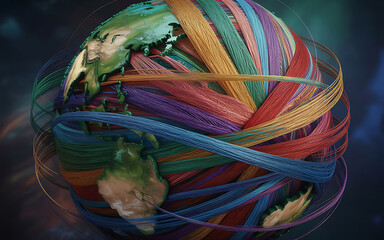 Vibrant multicolored yarn ball with intersecting threads