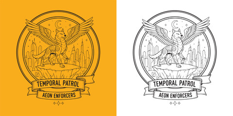 Obraz premium Temporal Patrol Aeon Enforcers Winged Cyber Wolf City Emblem