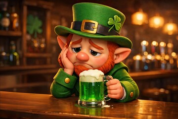 Sad Cartoon St Patricks Day Leprechaun Character Drinking a Green Beer in a Bar