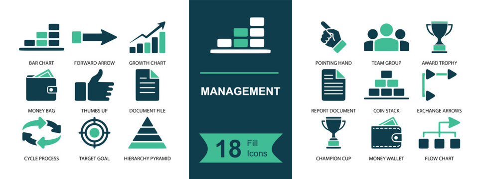 Management icon set. Containing growth chart, bar graph, strategy pyramid, workflow arrows, hierarchy, team, gear, trophies, finance, planning and more. Solid fill vector icons collection
