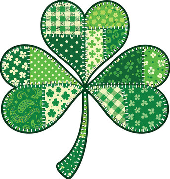 Vintage patchwork green shamrock design for St. Patrick&rsquo;s Day with clovers and checkered patterns