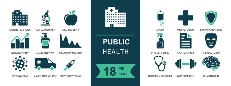 Public health icon set. Containing hospital, vaccine, ambulance, stethoscope, medical cross, shield, microscope, medicine, apple, report and more. Solid fill vector icons collection