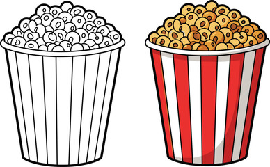 Popcorn bucket illustration set with outline and colored versions, ideal for cinema snacks, movie night concepts, entertainment branding, and food icons. © Mst