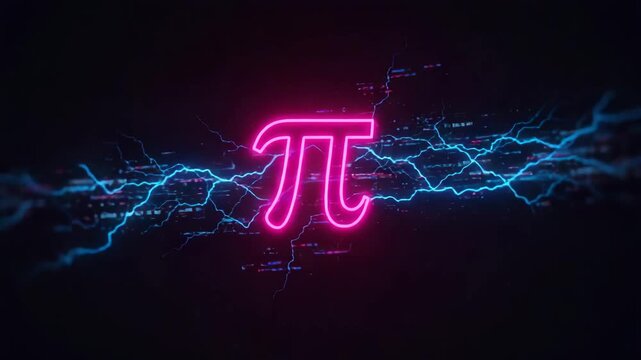A neon sign of the Pi symbol with electric currents in the background. Illustrating the mathematical concept