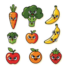 Fototapeta premium Cartoon vegetables and fruits with varied facial expressions arranged in a grid pattern
