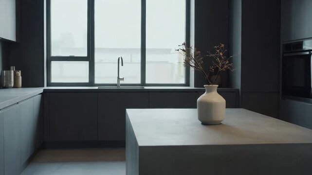 Moving camera gliding from doorway into kitchen, showing island with white vase and dried twigs