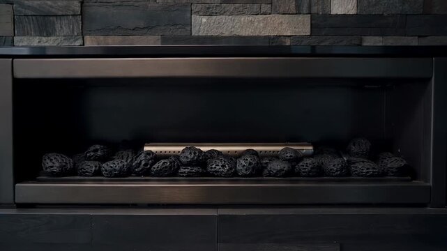 Pulling back camera showing centered fireplace at home to reveal linear burner and lava rocks