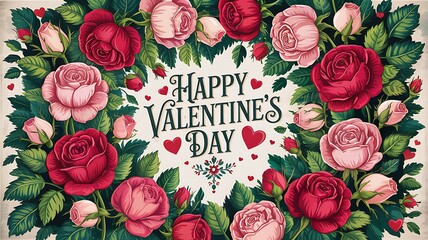 Vintage valentine's day greeting card surrounded by a lush arrangement of red and pink roses