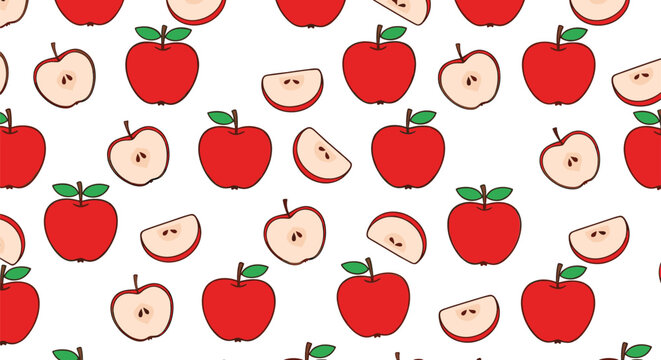 Seamless apple fruit pattern with whole and sliced red apples, cute repeating background for food designs