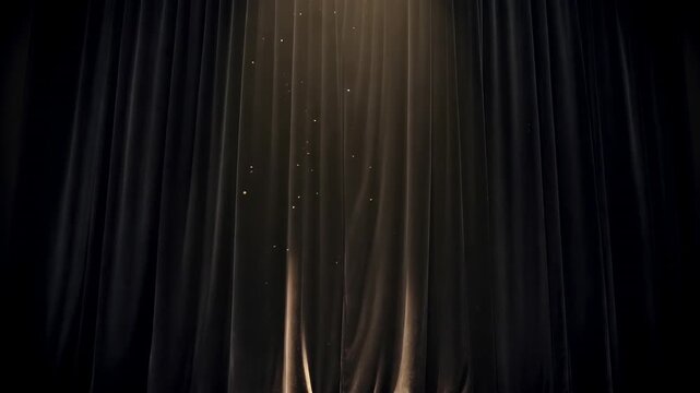 Spotlight turning on warmly bathing central stage curtain, revealing folds and drifting particles