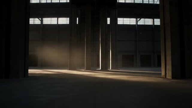 Pouring sunlight widening from narrow door gap sweeping across hall floor, highlighting columns
