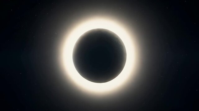 Lunar disc moving into alignment, eclipsing Sun in star-filled sky, revealing bright corona halo