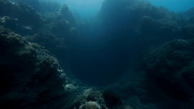 Gliding camera revealing deep circular sinkhole on reef top, sunlight shafts intensifying