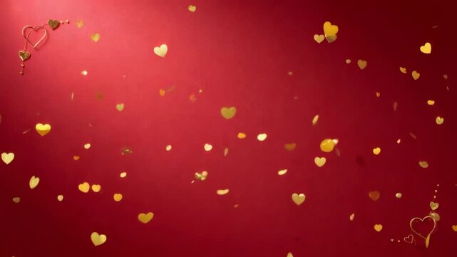 Animation starting, golden heart confetti drifting across red set with corner hearts for cards