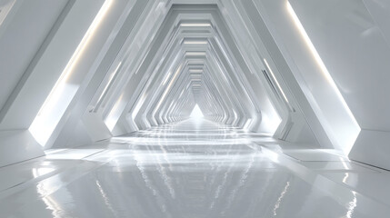 Obraz premium Bright Futuristic White Hexagonal Tunnel with Glowing Lights and Reflective Floor