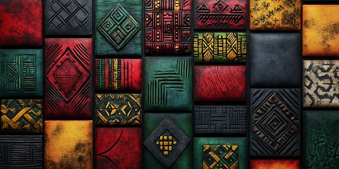 Textured African Tribal Patterns in Red Green Yellow and Black background