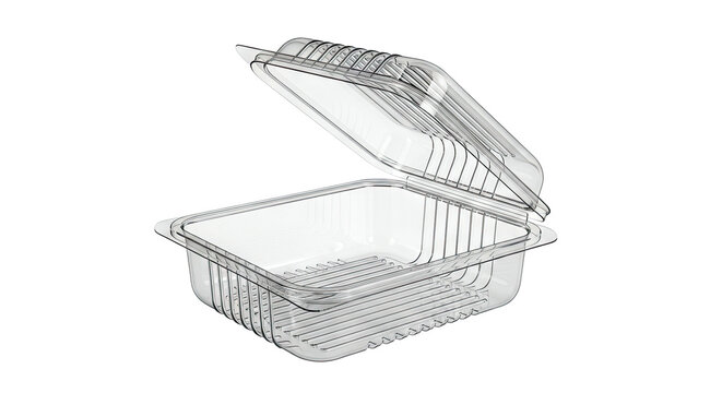 Clear plastic clamshell food container with hinged lid