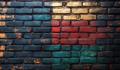 Textured Brick Wall with Abstract Color Blocks of Blue Red Yellow background