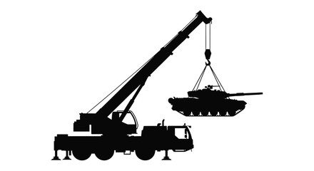 Silhouette of a mobile crane lifting a tank with cables © msunny93