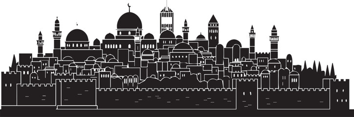 Naklejka premium Old jerusalem city panoramic vector silhouette illustration line art historical skyline