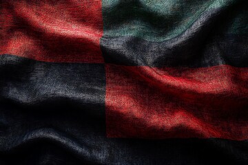 Textured fabric with red green and dark blue squares in a grid textile background