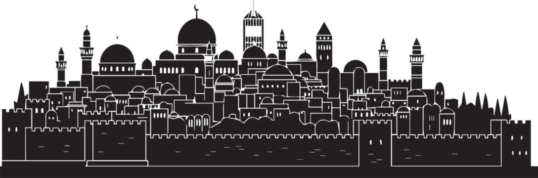Old jerusalem city panoramic vector silhouette illustration line art historical skyline
