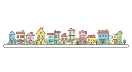Naklejka premium Vibrant cartoon illustration featuring a cheerful row of colorful houses on a neighborhood street, showcasing diverse architectural styles and community spirit