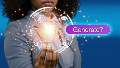 Businesswoman hand holding light bulb with artificial intelligence text and generate button, generative AI content creation technology concept and digital innovation idea in blue corporate background.