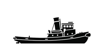 A black silhouette of a classic tugboat with a prominent smokestack © msunny93