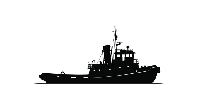 Silhouette of a tugboat against a stark white background