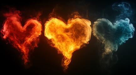 Three Hearts of Fire and Smoke in Red Orange and Blue love