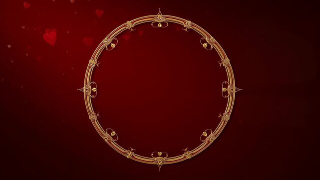 Bright light flare starting ornate gold frame rotating at red backdrop, showing filigree and hearts