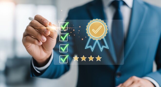 Businessman verifying quality assurance standard for corporate compliance certification. Digital service guarantee control system. Virtual inspection management approval rating with 5 star checkmark.