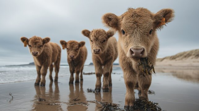 Calves on a windswept Scottish coast enjoying seaweed on the wet sand at Brora Beach