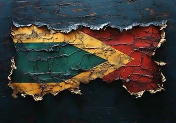 Torn Grunge Texture Revealing a Flag Pattern in Red Yellow and Green ripped